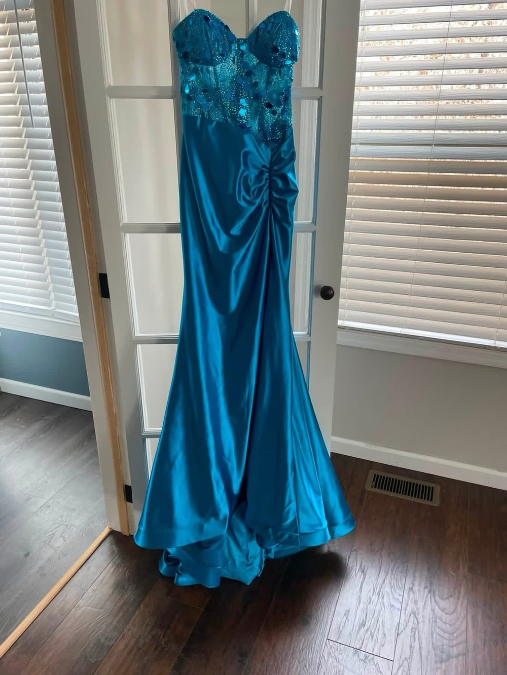 Strapless Beaded Satin Prom Gown in Teal Blue